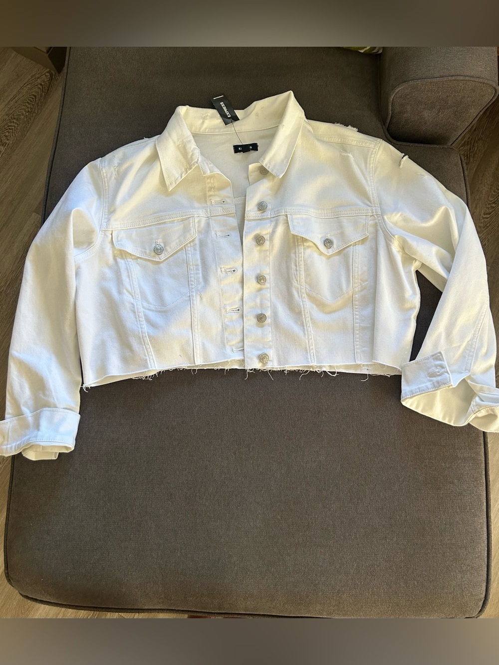 Express Cropped White Denim Jacket with rips - Women's